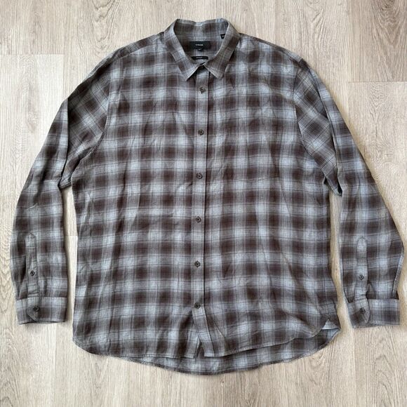 Vince Shirt Mens 2XL Brown‎ Plaid Flannel L/S Button Up Classic Fit - Picture 1 of 8